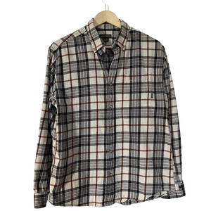 Eddie Bauer Cream and Grey Plaid Button-Down Collared Flannel Cotton Shirt